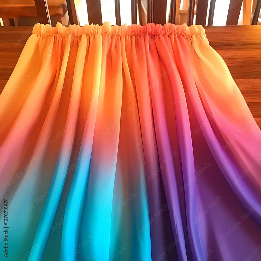 Poster gradient fabric cascade drape with elastic gathering on rustic wood surface background view