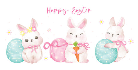 Spring Coquette Easter Bunny Ribbon Bow with  Egg watercolor animal Hand Drawn Group