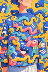 Colorful abstract sweater design, person profile, vibrant background, fashion illustration
