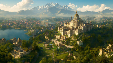 Fototapeta premium Grand Citadel Overlooking Cityscape Lake and Distant Peaks Serene Scenery Majestic Architecture
