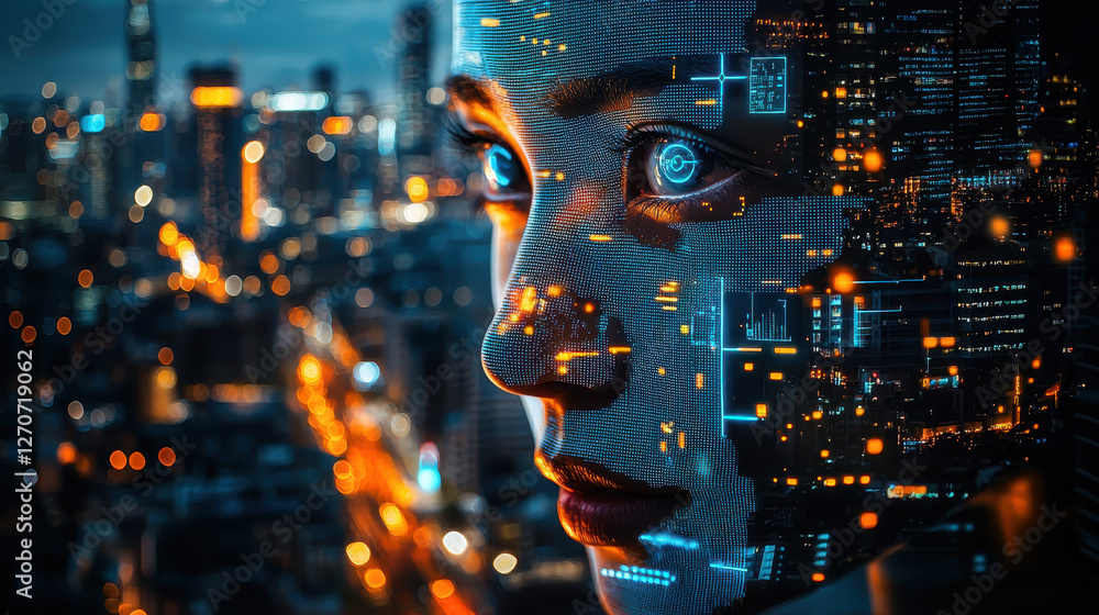 Aufkleber sci-fi artificial intelligence enhancing security in a futuristic city with advanced facial recognit