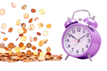 Purple alarm clock and golden coins falling on white background, symbolizing time and money. Financial investment, wealth, and savings concept. Ai generative