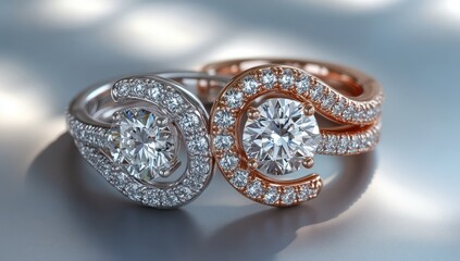 Naklejka premium Elegant Pair of Shimmering Engagement Rings with Round Diamonds and Delicate Surrounding Stones on a Soft Gray Background