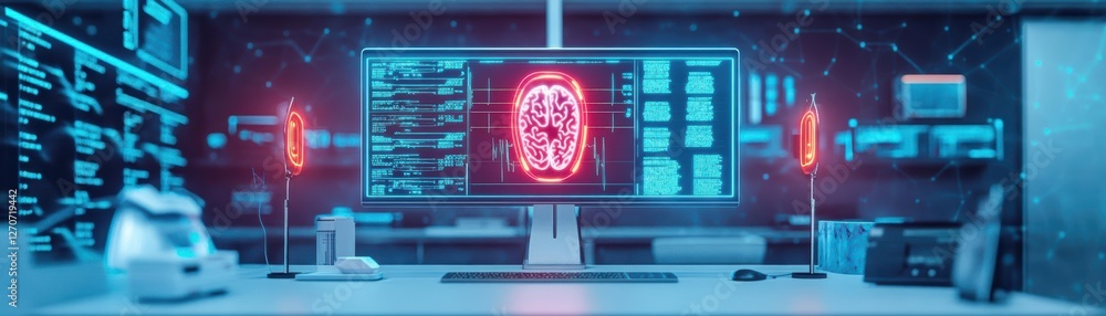 Poster futuristic computer displaying detailed brain scan visualization in high resolution with intricate n