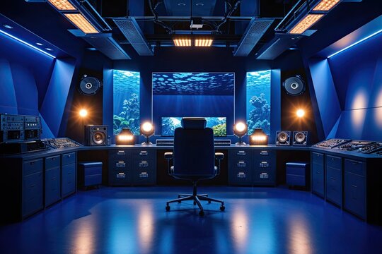 Majestic Navy Studio Chamber Illuminated by Cutting-Edge Lights with Aquatic Energy and Depth