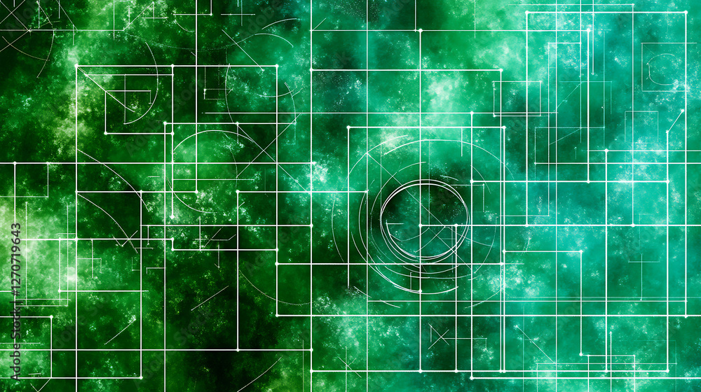Poster green abstract blueprint technology pattern design concept with square grid and circle shapes