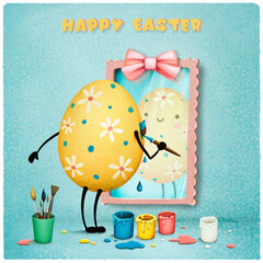 Holiday greeting card or poster for spring holiday Easter with a cute cartoon egg that paints itself. 