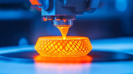 A close-up of a 3D printer creating an intricate orange object in a modern workshop setting