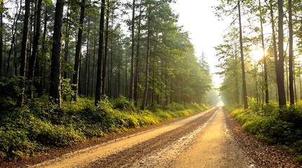Obraz premium Rustic Forest Pathway Illuminated by Morning Sunlight Through Tall Trees, generator AI