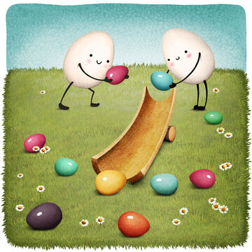 Holiday greeting card or poster for spring holiday Easter with cute cartoon Easter Eggs who play egg rolling