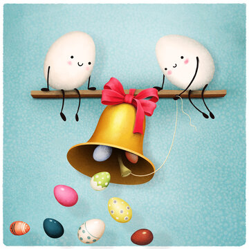 Holiday greeting card or poster for spring holiday Easter with bell with bow and with two lucky eggs