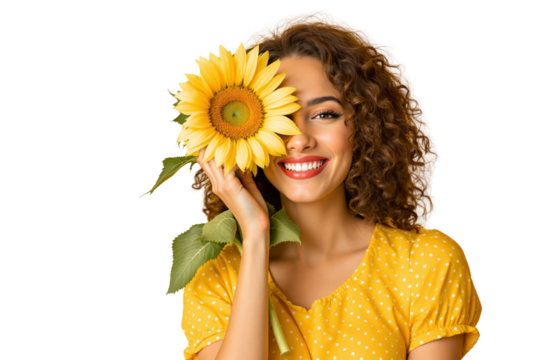 Happy woman with curly hair holding a sunflower over one eye, smiling brightly, wearing a yellow polka dot dress on a white background. Concept of joy. Ai generative