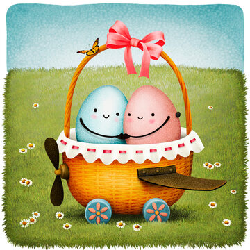 Holiday greeting card or poster for spring holiday Easter with bell with a little eggs rides on an basket. 