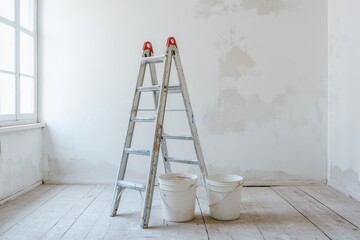 Step ladder and paint buckets in an empty room during home renovation. Freshly painted white walls in a new apartment, symbolizing remodeling, interior design, and DIY home improvement