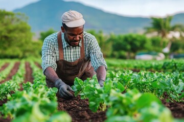 African descent farmer inspecting crops in a lush green field, ensuring sustainable agriculture and healthy plant growth. Dedicated worker practicing modern farming techniques