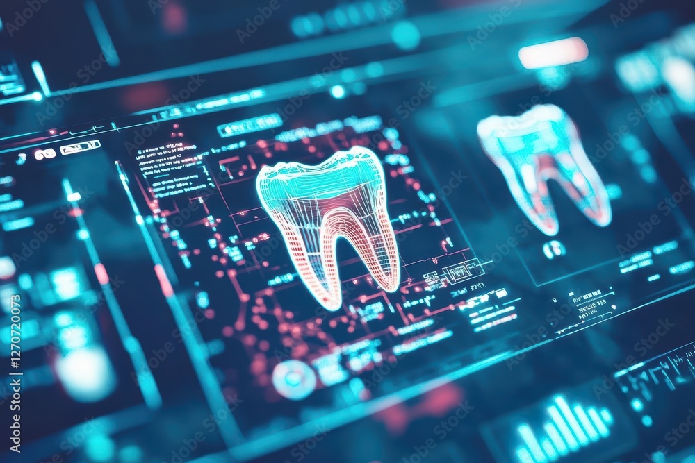 Poster a close-up view of a realistic tooth rendered on a high-tech digital interface highlighting intricat