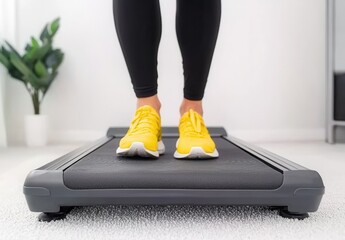 Person in Yellow Shoes Walking on Treadmill in Bright Room