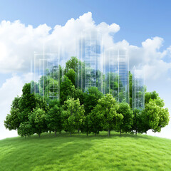 Naklejka premium Green City Landscape with Sustainable Architecture and Environmental Harmony in the Sky