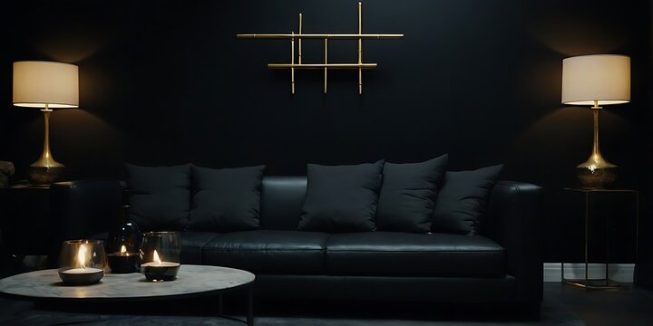 Interior of dark living room with black walls and comfortable black sofa,High-contrast room with dark gray walls, industrial-style sofa, yellow carpet, and minimalist decor on a black floor,954