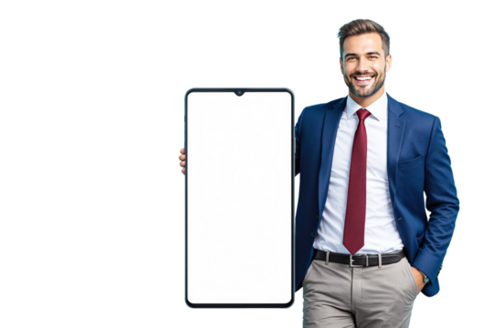 Smiling businessman in blue suit holding oversized smartphone with blank screen on white background. Concept of technology, mockup, presentation. Ai generative