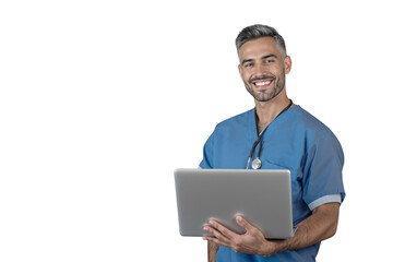 Male doctor in blue scrubs with stethoscope holding a laptop and smiling, isolated on a white background. Concept of healthcare and medical technology. Ai generative