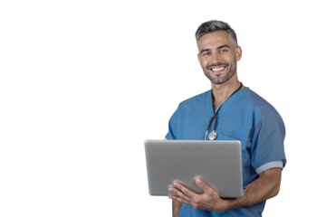 Male doctor in blue scrubs with stethoscope holding a laptop and smiling, isolated on a white background. Concept of healthcare and medical technology. Ai generative