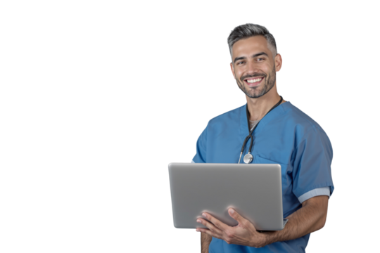 Male doctor in blue scrubs with stethoscope holding a laptop and smiling, isolated on a white background. Concept of healthcare and medical technology. Ai generative