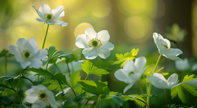 Zawilce leśne w promieniach porannego słońca.