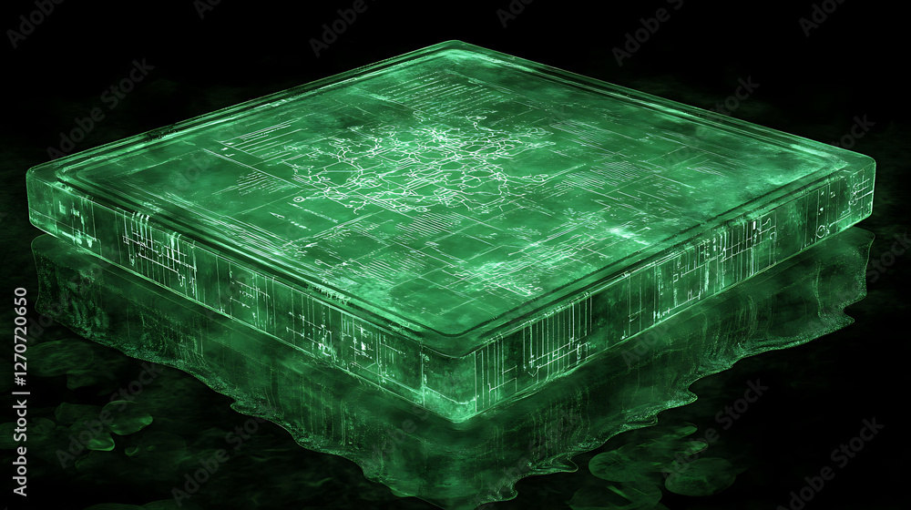 Poster green futuristic data block floating above reflective surface depicting complex network and digital 