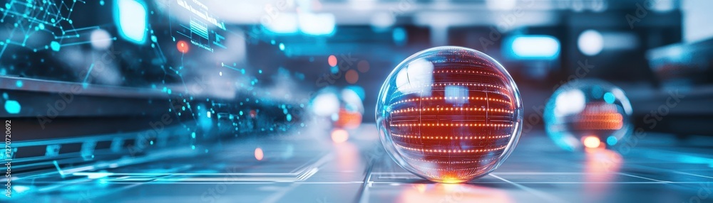 Poster futuristic sphere bathed in red glow surrounded by ethereal atmosphere creating a mystical and enigm