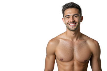Shirtless young man with a fit physique smiling confidently. Isolated on a white background. Concept of health, fitness, and positive body image. Ai generative