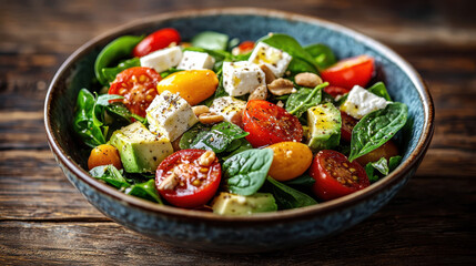 Vibrant bowl of fresh salad featuring cherry tomatoes, avocado, spinach, nuts, and feta cheese on wooden table with natural lighting