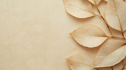 Minimalist beige background with delicate dried leaves in soft earth tones, evoking natural elements, seasonal change, and eco-friendly aesthetics for design, marketing, and seasonal branding projects