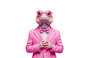 Lizard dressed in a pink suit, bow tie, and sunglasses posing on a white background. Concept of fashionable animals and unique style. Ai generative