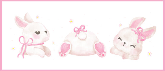Whimsical Coquette White Bunny with Pink Ribbon Bow watercolor animal Hand Drawn set