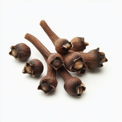 Clove spice cluster on white background highlighting aromatic dried flower buds
