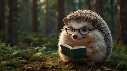 A charming cartoon-style illustration of a hedgehog wearing glasses and reading a tiny book in a cozy forest setting.