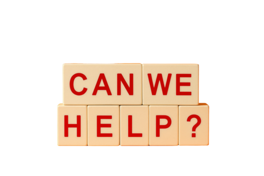 Wooden blocks with red letters forming Can We Help? isolated on a white background. Concept of assistance, support, and customer service. Ai generative