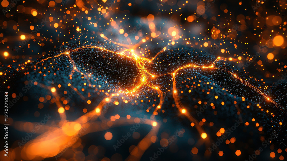 Poster visual representation of a neuromorphic brain with glowing digital neurons firing in a symmetrical a