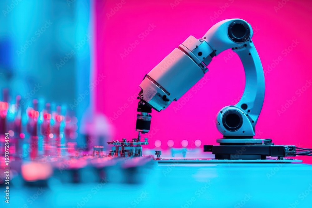 Poster futuristic robotic arm on a table against a soft pink background showcasing advanced technology and 