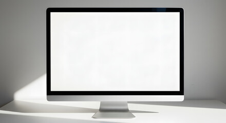 Close up blank Mac screen white table bright daylight minimalist product shot clean
