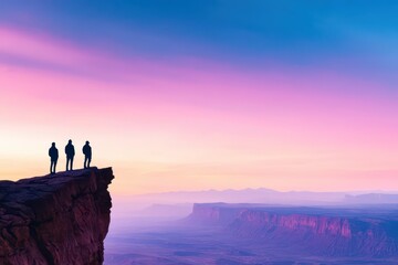 Two Adventurers Standing on a Majestic Cliff Overlooking a Vast Expanse of Lush Green Valleys and Rolling Hills Beneath a Vibrant Blue Sky