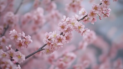 Blurry cherry blossom branches forming a soft and dreamy backdrop with gentle colors, creating a serene and romantic atmosphere, offering a sense of tranquility and beauty in nature