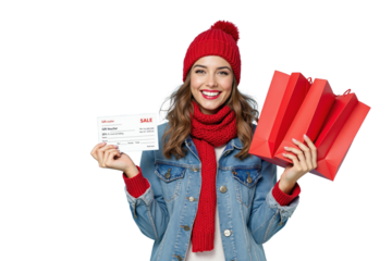 Smiling woman in red hat and scarf holding red shopping bags and a gift voucher, wearing a denim jacket. Isolated on white background. Shopping concept. Ai generative