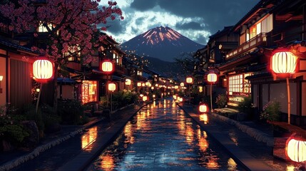Hyper-realistic 3D Mount Fuji, glowing with cherry blossoms in full bloom.