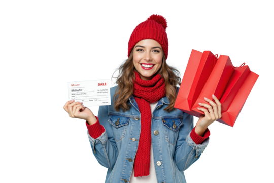 Smiling woman in red hat and scarf holding red shopping bags and a gift voucher, wearing a denim jacket. Isolated on white background. Shopping concept. Ai generative