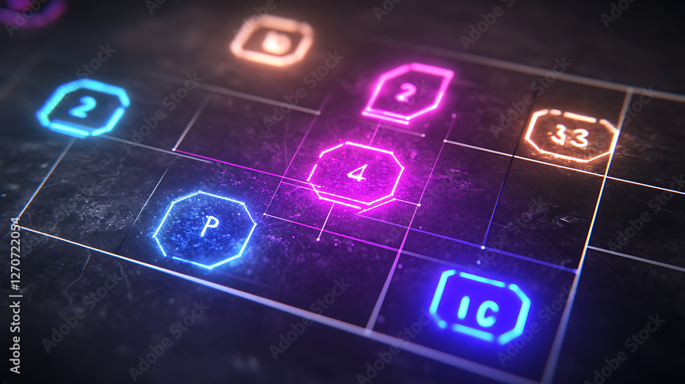 Poster grid interface featuring glowing shapes and numbers graphic technology arrangement abstract
