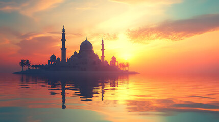 Fototapeta premium Ramadan Kareem religious background with mosque silhouettes reflected in serene sea