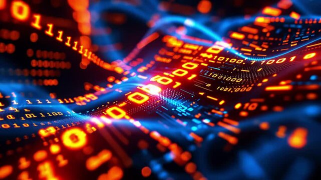 Abstract representation of flowing data streams with vibrant colors and binary code in a digital landscape