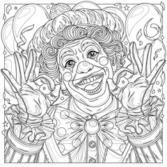 Happy clown  in a frame.Coloring book antistress for children and adults.